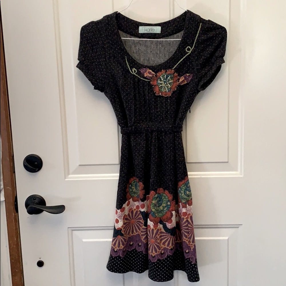 Darling charcoal grey knit dress, floral on skirt